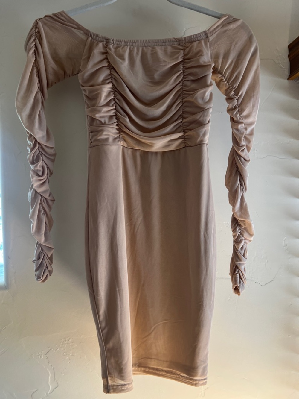 PrettyLittleThing Nude Ruched Off-Shoulder Long Sleeve Bodycon Dress